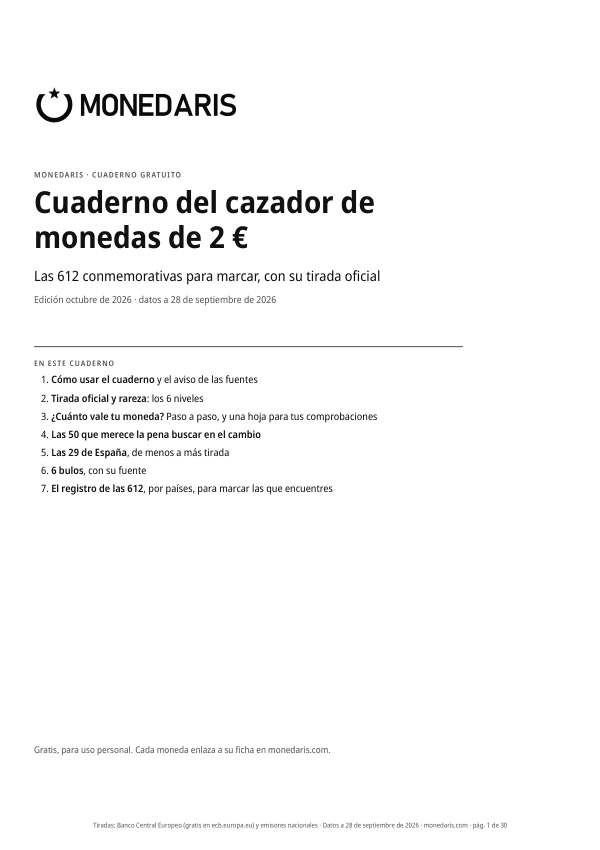 Portada del Cuaderno del cazador de monedas de 2 €: las 612 conmemorativas para marcar, con su tirada oficial